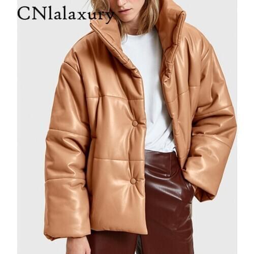 CNlalaxury Solid PU Leather Parkas Women Fashion Leather Coats Women Elegant Thick Cotton Jackets Female Ladies Outwear Tops