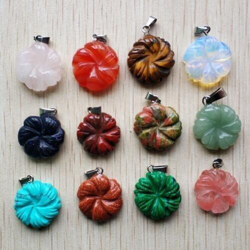 2018 new fashion assorted natural stone flower shape carved pendants for jewelry marking 12pcs/lot Wholesale free shipping