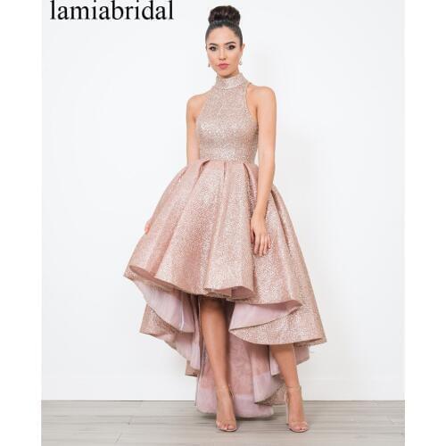 Rose Gold Sequined High Low Prom Dresses 2019 A Line High Neck Plus Size Cheap Girls Pageant Formal vestidos de fiesta de noche