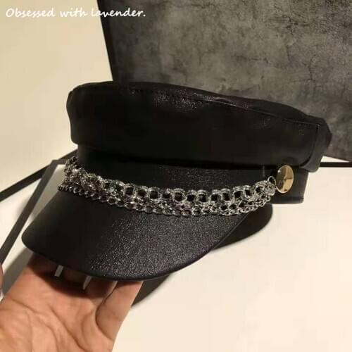 Obsessed with lavender.Chain Navy Hat Women Fall/Winter Flat Top Black Tide Retro Tide ins Newsboy Hat Octagon Hat