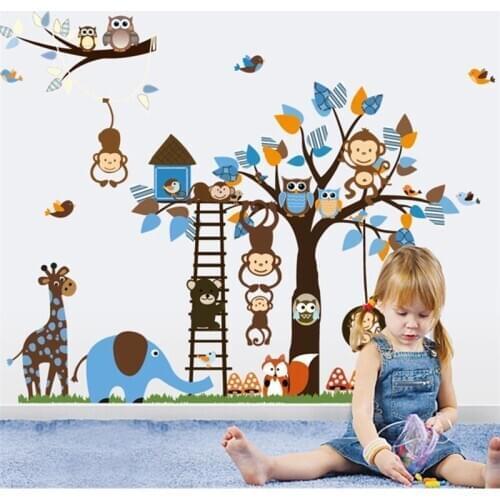 Cartoon Animal Tree Wall Sticker Owl Monkey Giraffe Children Room Home Decor Christma Decor for Home Wall Decal Kids