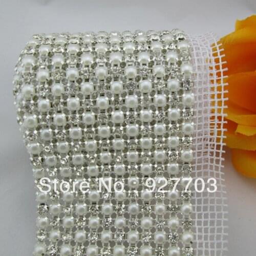 CM103)12 Rows 1 Yards Clear Rhinestone Crystal Faux Pearl Mesh Trim Wedding Decoration