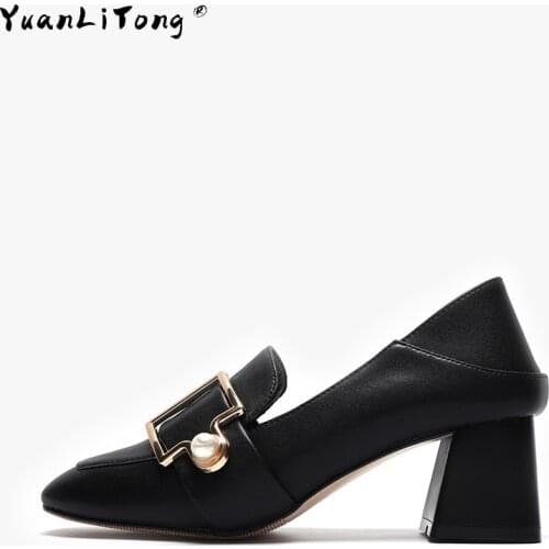 Spring 2021 Fashion New Pumps Women Pearl Button Casual High-heeled Loafers with Chunky Heels Fashion Pair Shoes For Women