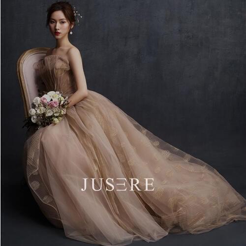 Champagne color A-Line strapless neckline simple draped lace-up back sweep train evening dress prom dress