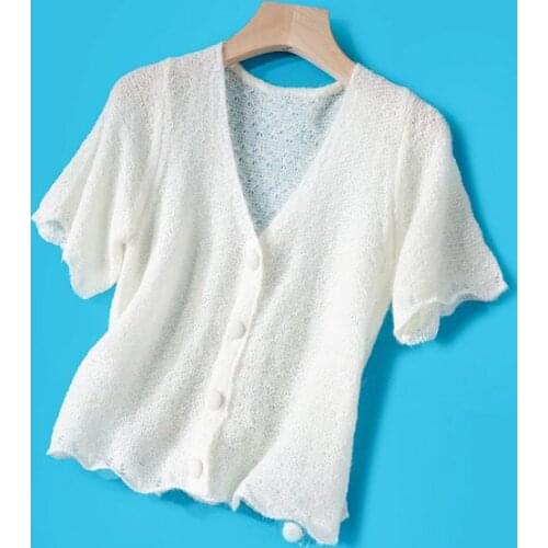 Elfbop Female Mohair Wool Blend V Neck Short Sleeve Knitting Sweater Jumper Top - Newest 2021 Spring Cardigan