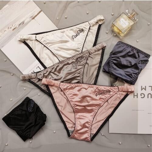 High-end Sexy Thong Womens Luxury Gloss Underwear Panties Solid Color Satin Fabric Briefs Embroidery Fitness Sports Panties