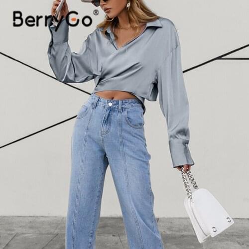 BerryGo Elegant wrap stain silk blouse women Long sleeve V-neck cropped shirt office lady Solid sexy tops female short shirt