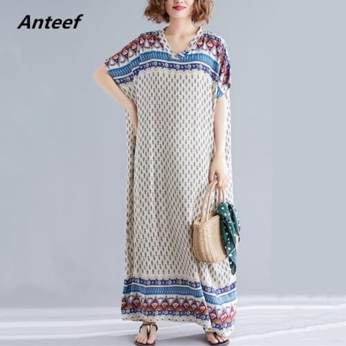 Cotton plus size vintage floral women casual loose maxi long summer sun beach elegant dress clothes 2021 ladies dresses sundress