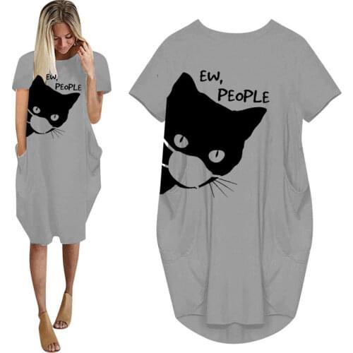 Women Graphic Cat Lovely Animal Cartoon Print Summer Dress With Pocket Ladies O Neck Tops Female Streetwear T Shirt Dress