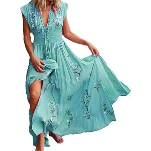 Boho Women Summer Maxi Dress Sleeveless V Neck Floral Print Large Hem Long Dress 2021 Casual Female Beach Dress Ladies Vestidos