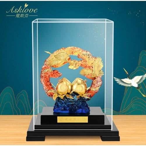 Asklove Gold Crane Peach Lucky Figurines Auspicious Desktop Ornament Statue Gifts to elders 24K Gold Foil Crafts Home Decor gift