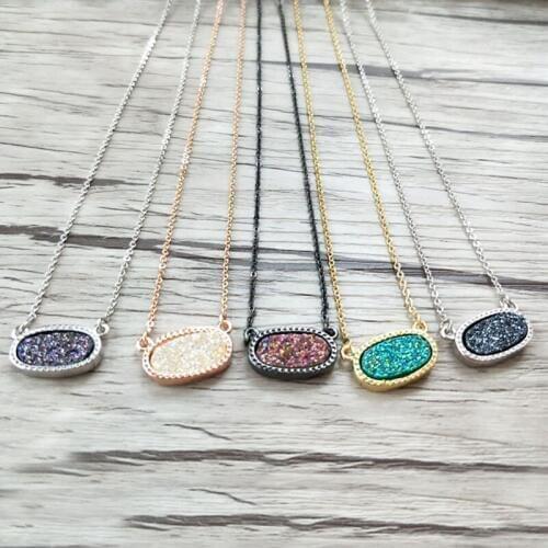 10 Pieces Mix Color Natural druse geode Quartz Titanium Stone oval charm Pendant Double Bails necklace Jewelry Necklaces NK379