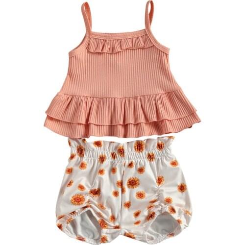 2021 Summer Baby Girls Clothes Sets Clothing Set Flower Print Sleeveless Sling Tops and Shorts Two-piece Suit for Birthday Party