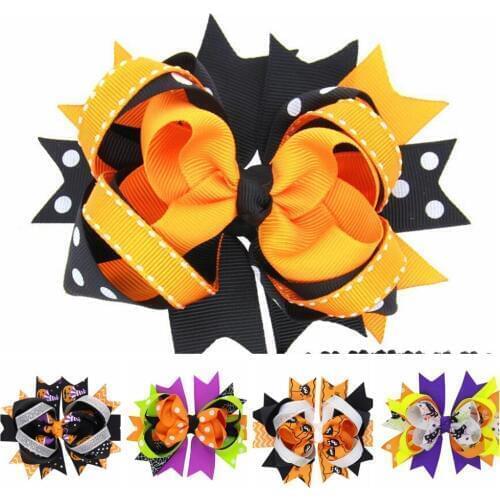 50pcs girl 4.5" spider Halloween carnival hair bows clip bat spook Hair Tie cartoon pumpkin Elastic Hair Band bobbles WS045