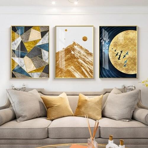 Abstract Golden Modern Mountain Moon Landscape Canvas Painting Poster Print Wall Art Pictures Cuadros for Living Room Decor
