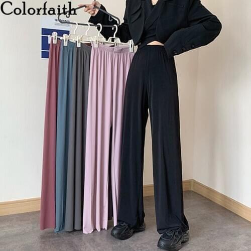 Colorfaith New 2021 Womens Spring Summer Women Pants Soild Wide Leg High Waist Sweatpants Wild Lady Ankle-Length Trousers P6133