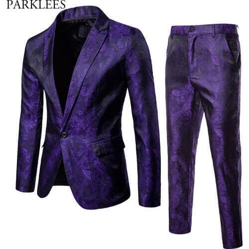 Purple Paisley Floral Gilding One Button Suit ( Jacket+Pants) Men 2018 Stage Party Weeding Tuxedo Blazer Men Terno Masculino 2XL