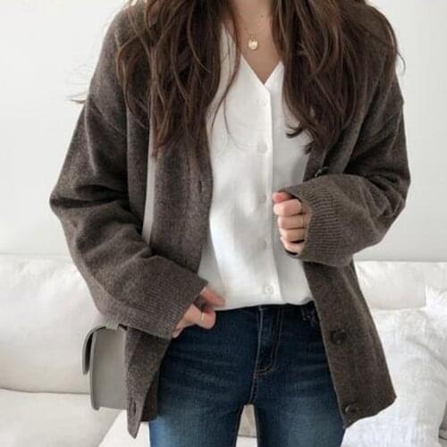 Deep V-Neck Solid Autumn Spring Womans Knit Cardigan Long Sleeve Ladies Knit Sweater with Button Casual Female Cardigan Outwear