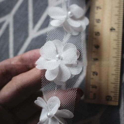 10Yards 25mm White Black Cluster Chiffon Flowers Lace Trim Clothing Pearls Mesh Fabric Accessories Trimming DIY Sewing Supplies