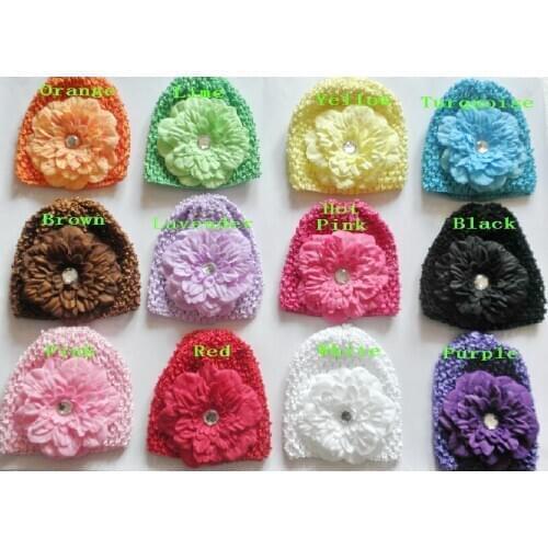 Soft waffle caps crochet hats hair flower clips beanie with Gerbera lily peony flower girl stretchy caps MZ9111