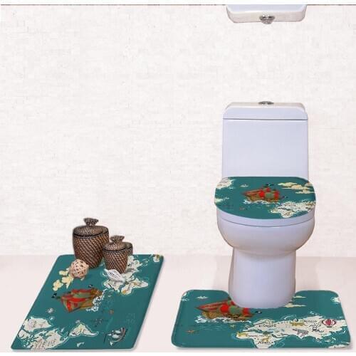 3pcs Bath Mats Set Stylish Map Pettern Non Slip Flannel Bathroom Rug Contour Mat Lid Cover U-shape Mats