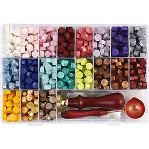 760PCS Sealing Wax Beads, Octagon Wax Seal Beads Kit with 2 Tea Candles, Sealing Stamp and Melting Spoon
