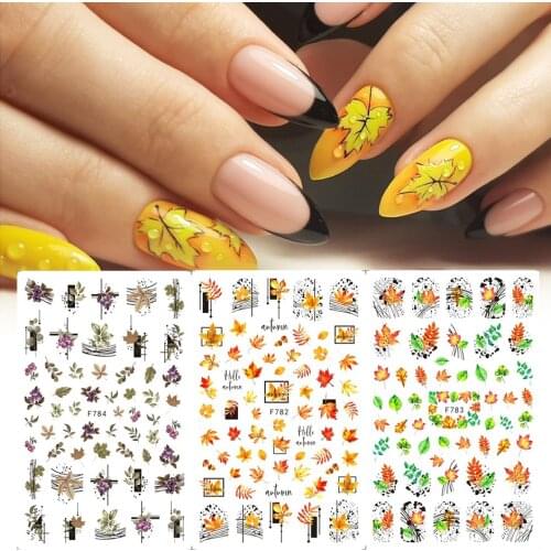 1Pcs Autumn Maple Leaves Nail Stickers 3D Gold Fall Design Polish Decals Line Adhesive Sliders Nail Art Decoration Manicure