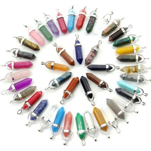 Natural tiger eye stone Quartz Crystal agates malachite yellow jades Hexagonal pendulum Column Pendant DIY Jewelry making