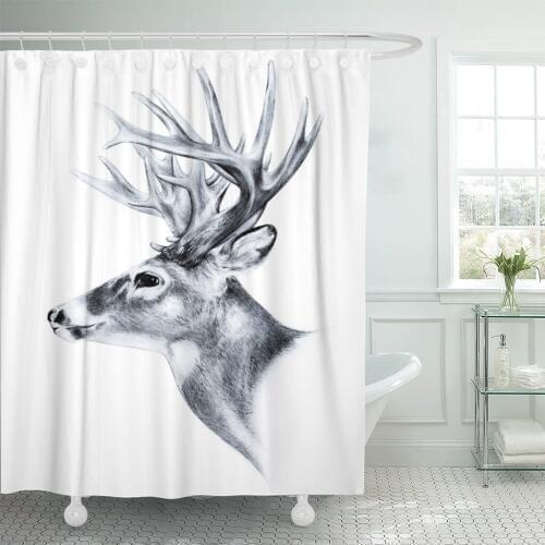 Stag Big White Tail Deer Head Antler Trophy Sketch Buck Animal Clip Drawing Shower Curtain Waterproof Polyester Fabric 72 x 72