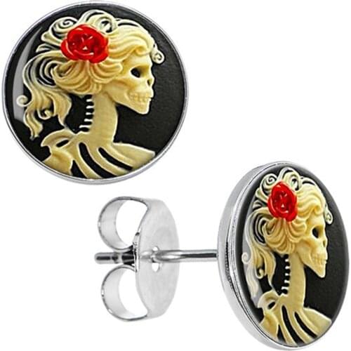Wholesale Stud Earrings Red Rose Skeleton Cameo Stainless Steel Ear Studs Cheater Fashion Jewelry 8mm 10mm AW5012