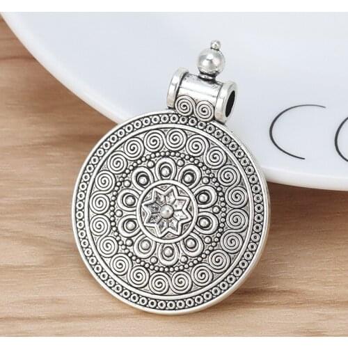 10PCS Antique Silver Color Bohemia Spiral Flower Round Charms Pendants for Necklaces Jewelry Findings Making 50x36mm