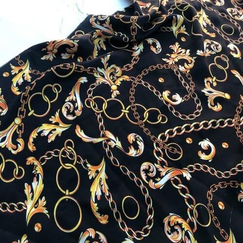 Luxury Brand 100% Polyester Chain Printed Black Satin Fabric Soft Clothing Cloth Fabrics for Dress Per Meter Sewing Material