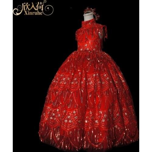 Real Picture Luxury Crystal Beading Sequin Red Girls Birthday Princess Ball Gowns Puffy Girls Celebration Long Prom Puffy Gowns