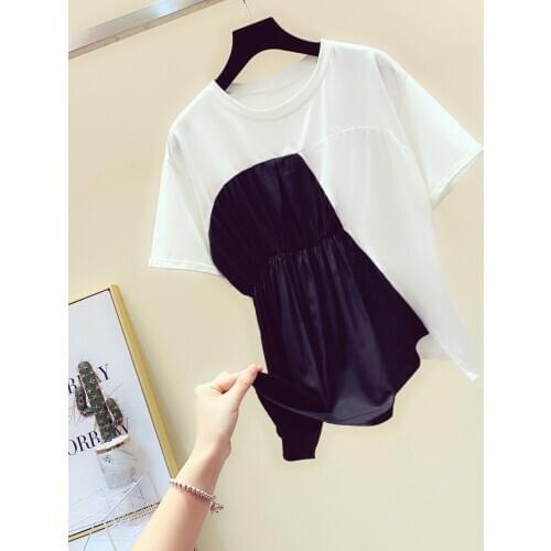White and Black Tshirt for Woman Irregular Joint Contrast Color Slim Waist Short Sleeve T-shirt Womens Summer Tee Tops