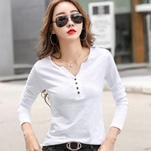 Long Sleeve Button V-Neck Soft Cotton Tee Shirt Women 2021 Loose Fashion Autumn New T-Shirts Female Casual Tops Camisetas Mujer