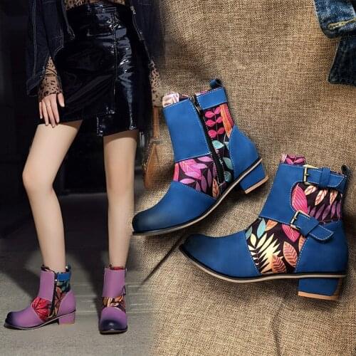 YMECHIC Fashion Print Autumn Buckle Strap Outdoor Ankle Biker Motorcycle Boots Female Blue Purple Ankle Boots for Women Shoes