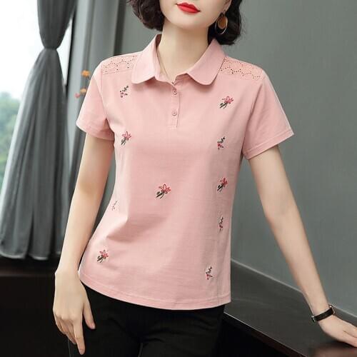 Women Spring Summer Style T-Shirts Tops Lady Casual Short Sleeve Embroidery Turn-down Collar Tshirts Tees ZZ0206