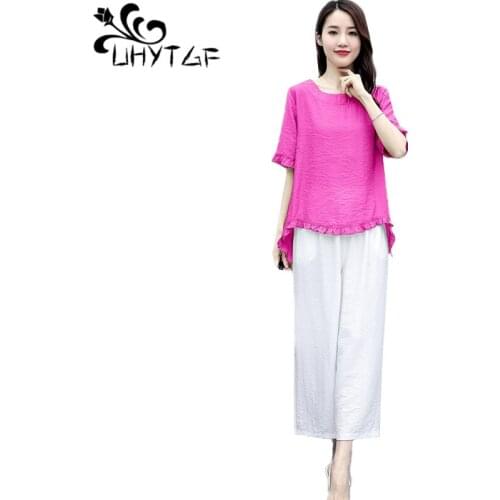 UHYTGF Womens Tracksuit Soft Cotton Linen Comfortable Summer Two-Piece Set Short-Sleeved Tops+Wide-Leg Pants Plus Size Suit 1445