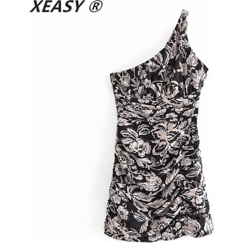 XEASY Summer 2021 Za Dress Women Asymmetric Black Mini Dress Woman Vintage Off Shoulder Ruched Sexy Backless Short Dresses