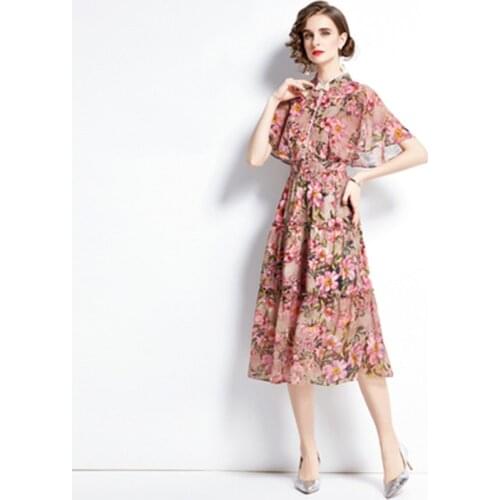 Ladies Flower Print Vacation Dress For Women Vintage Designer Pearl Buckle Lotus Leaf Sleeve Dresses Simple Stand Collar Autumn