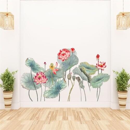 1PCS Chinese Style Lotus Leaf Wall Sticker For LivingRoom Bedroom Home Decorative Room Decal 60*90CM