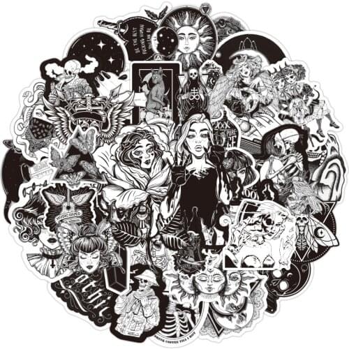 10/50Pcs NEW Gothic Retro Black White Girls Horror Graffiti Stickers Waterproof PVC Laptop Luggage Car Skateboard Decal Sticker