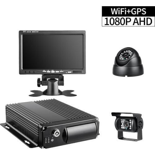 1080P WiFi GPS Car DVR Recorder,4ch SD MDVR with AHD 2.0MP Dome Camera Rear View Camera 7inch Display Remote Viewing GPS Track