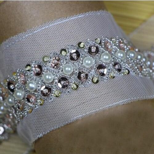 2yards Pearl Beaded Lace Trim Vintage White Mesh Fabric Paillette Sequin Lace Wedding Dress Dentelle Applique Sewing Accessories