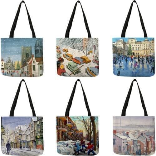 2020 Winter Snowscape Print Handbags Ladies Women Creative Watercolor Pastel Drawing Ice World Pattern Shopping Tote Bags 13110