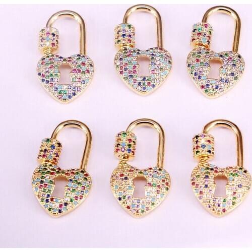 5Pcs, Rainbow CZ Micro Pave Cubic Zirconia Fashion Heart Shaped Lock Carabiner Clasp Jewelry Accessories