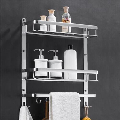 Bathroom Black Shelf Aluminum Shower Caddy Corner Shelves Bath Towel Rack with Bar Hook Hair Dryer Holder etagere salle de bain