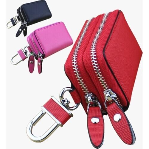 Car Key Case Genuine Leather Double Layer Zipper Car Key Cover Embossed Cross Grain Cowhide Key Chain Pouch Keychain Purse