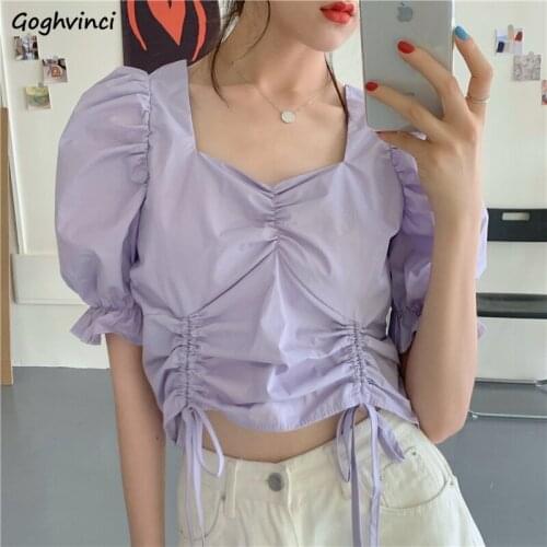 Blouses Women Puff Sleeve Casual Girlish Summer Crops Ins Blusas De Mujer Lady Bandage Harajuku All-match Street BF Style Tender