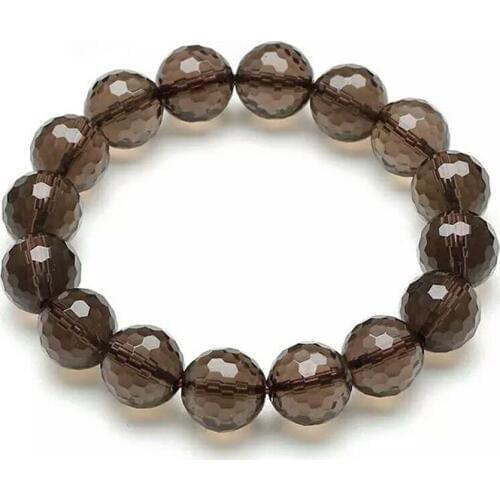 Genuine Brown Natural Smoky Crystal Quartz Bracelets Women Men Stretch Big Gems Stone Faced Round Bead Bracelet 13mm